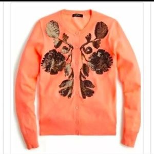 J. Crew Sequin Flame Coral Floral Button Down Cardigan Sweater. NEW! Size Small